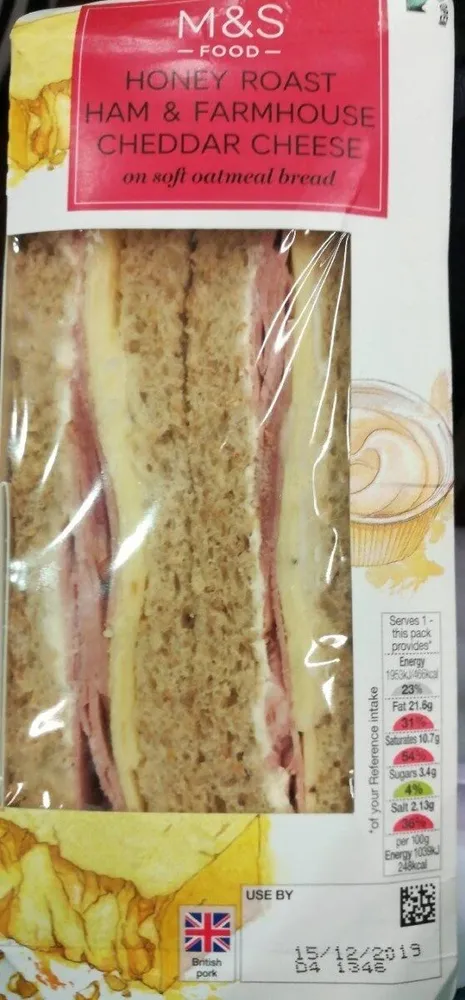 Honey roast ham and farmhouse cheddar cheese on soft oatmeal bread