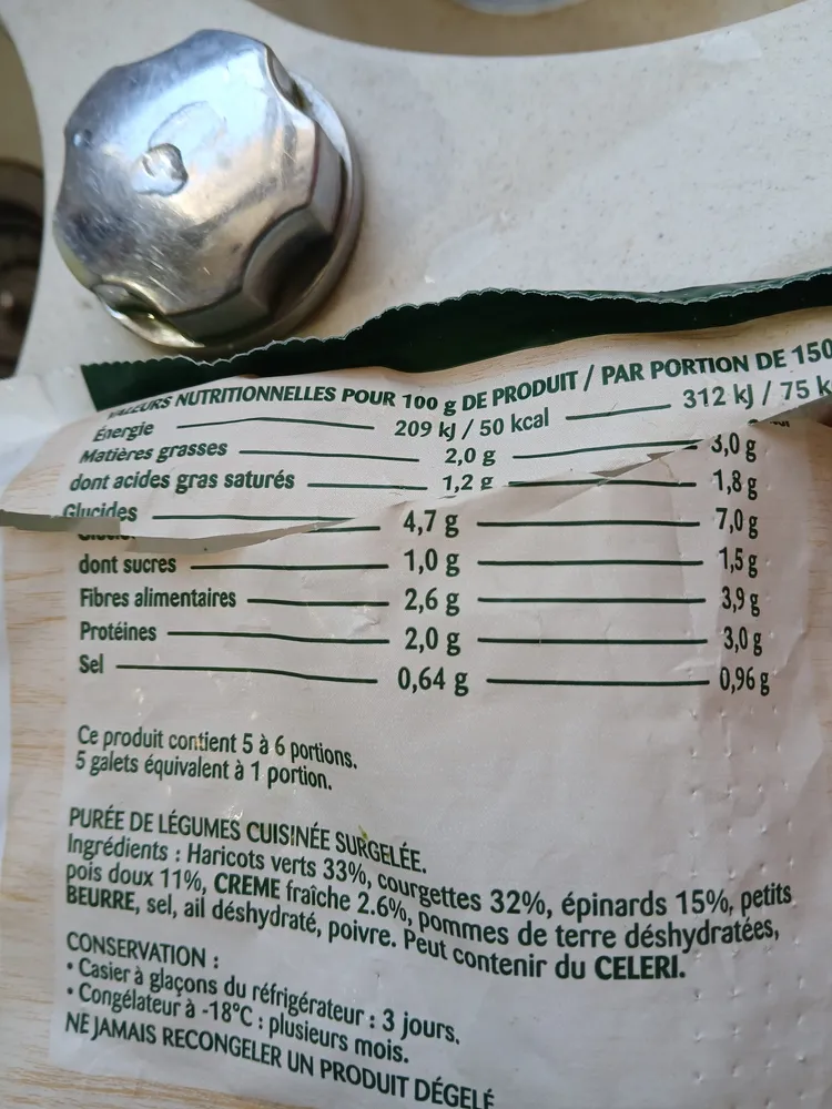 Purée de légumes cuisinée surgelée