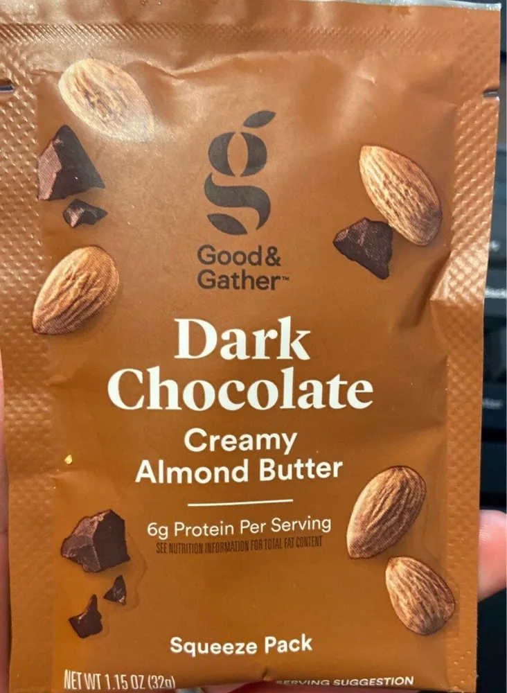 Dark chocolate creamy almond butter squeeze pack, dark chocolate