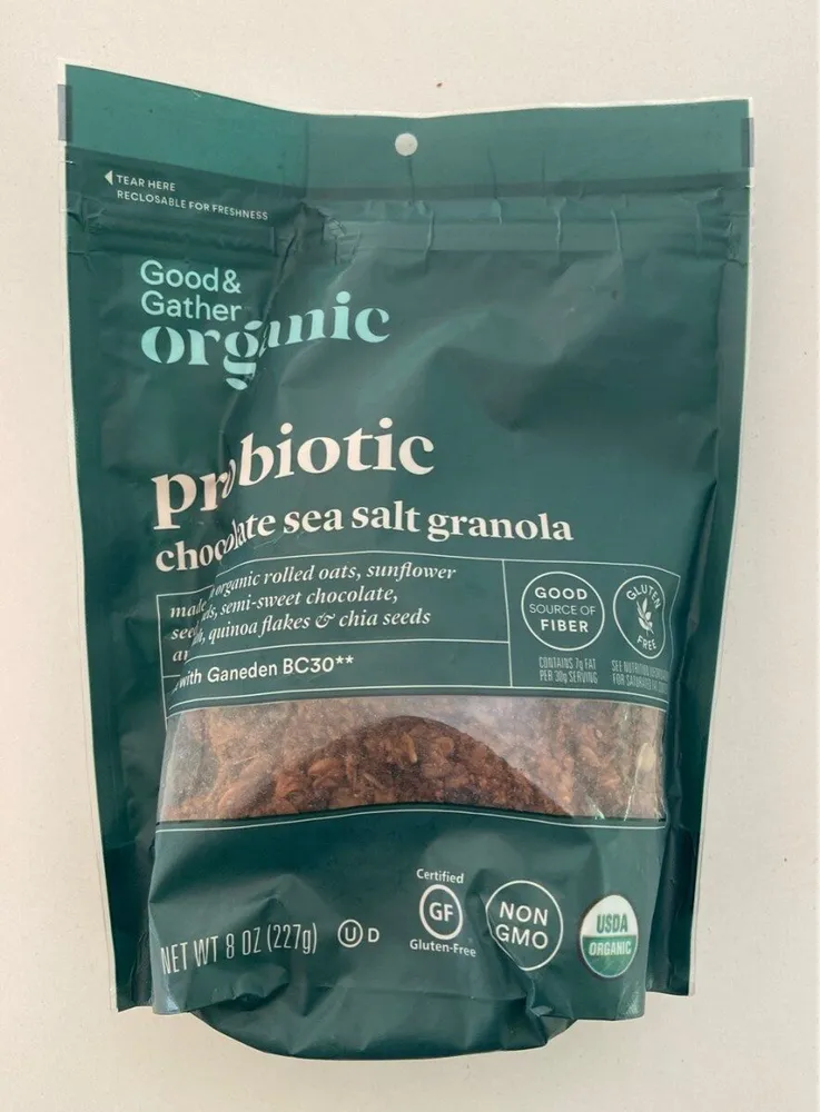 Probiotic chocolate sea salt granola made with organic rolled oats, sunflower seed kernels, semi-sweet chocolate, amaranth, quinoa flakes & chia seeds