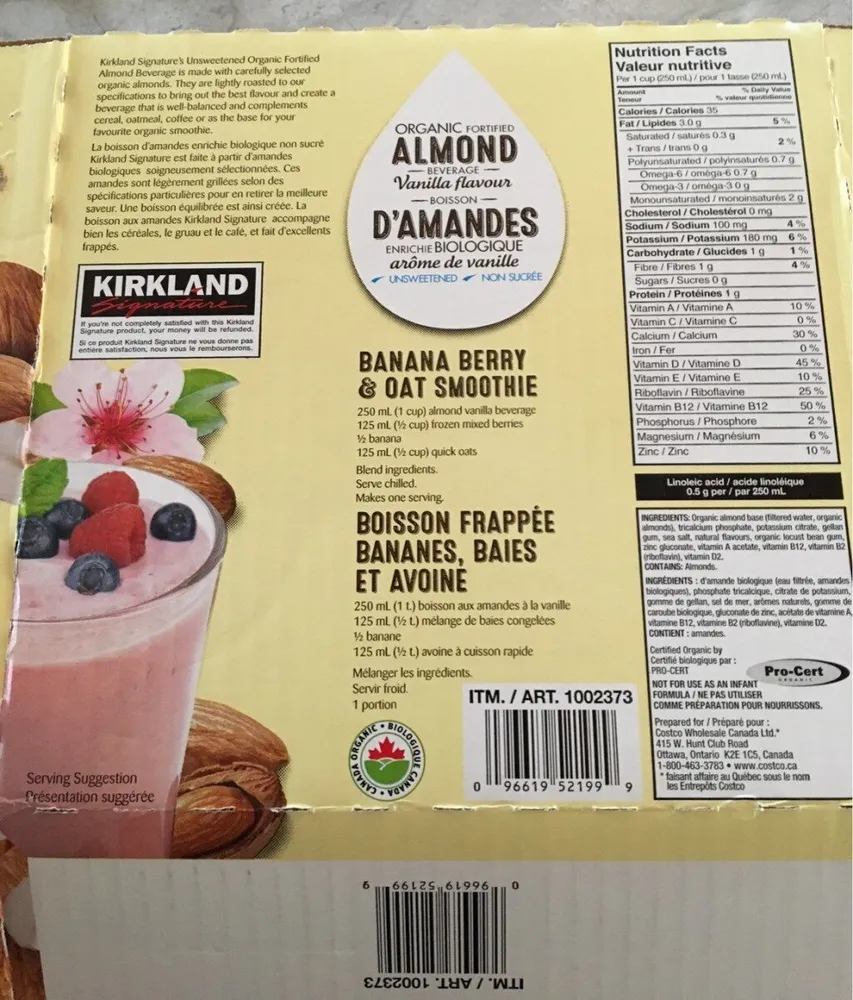 organic fortified almond beverage vanilla flavour