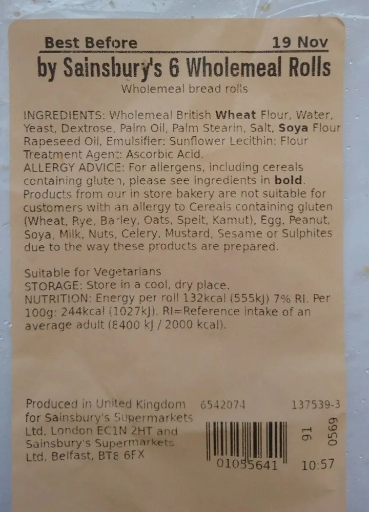 Sainsburys 6 wholemeal rolls