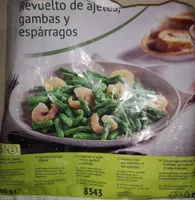 Revuelto de ajetes, gambas y espárragos