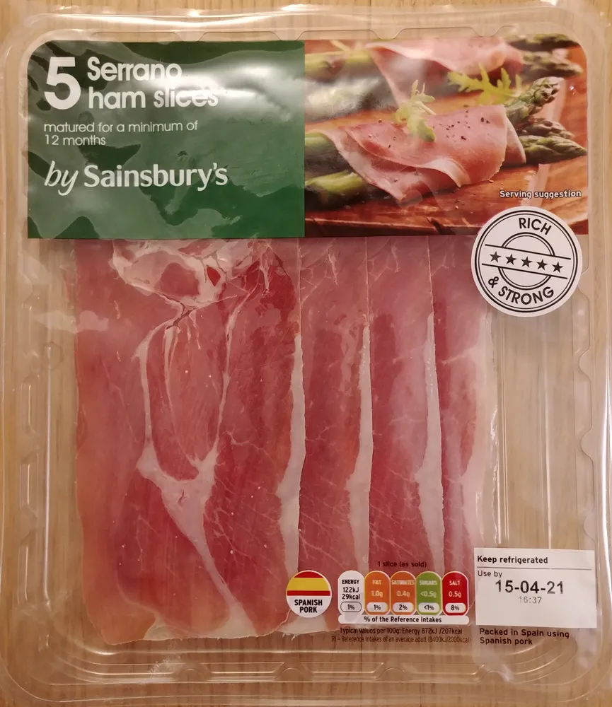 5 Spanish air dried Serrano ham slices