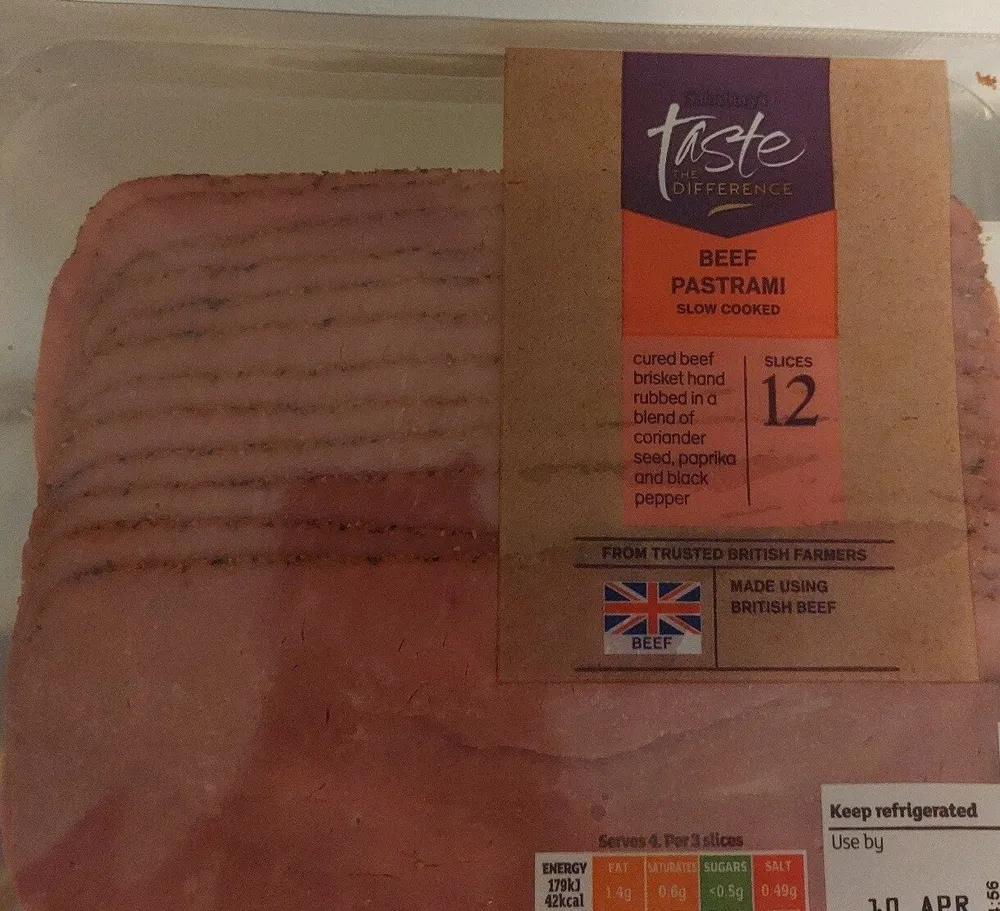 cured and cooked, formed beef pastrami slices