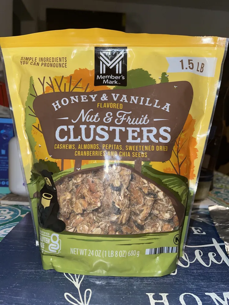Honey and vanilla, flavored nuts, and fruit clusters