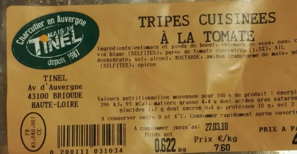 Tripes cuisinees a la tomate