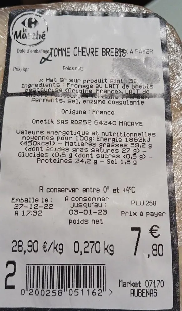 Tomme chèvre brebis