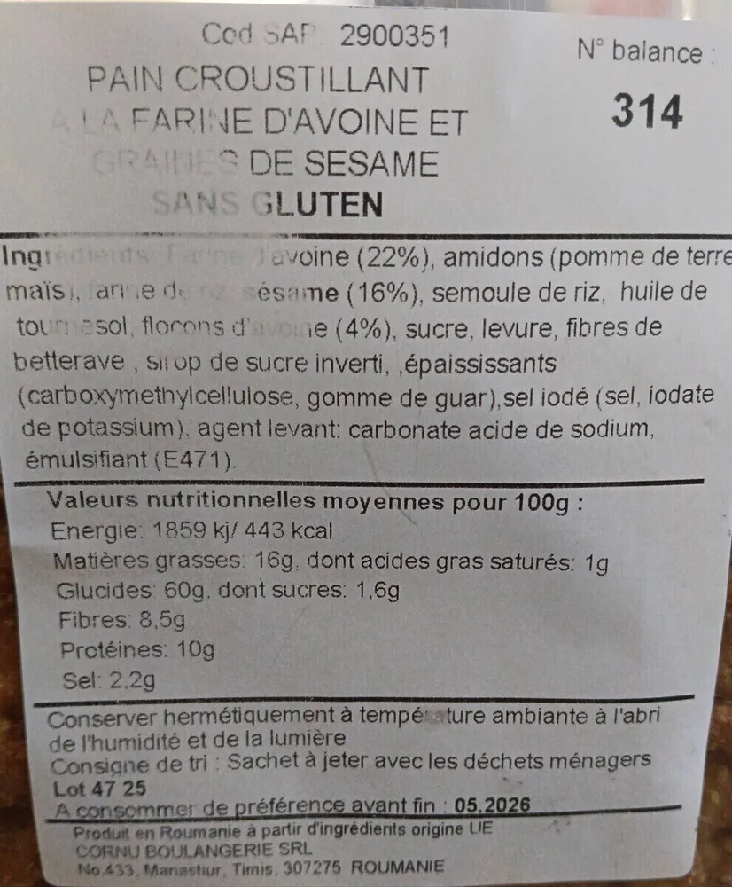 Pain croustillant à la farine d'avoine et graines de sésame