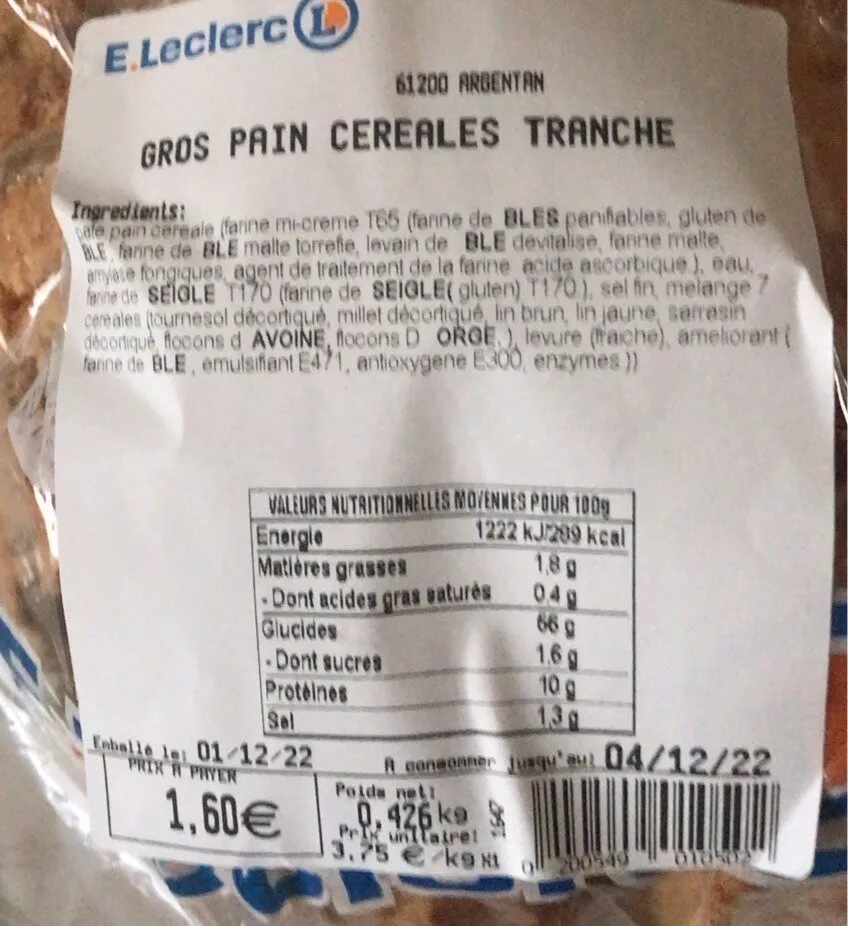 Pain cereales tranches