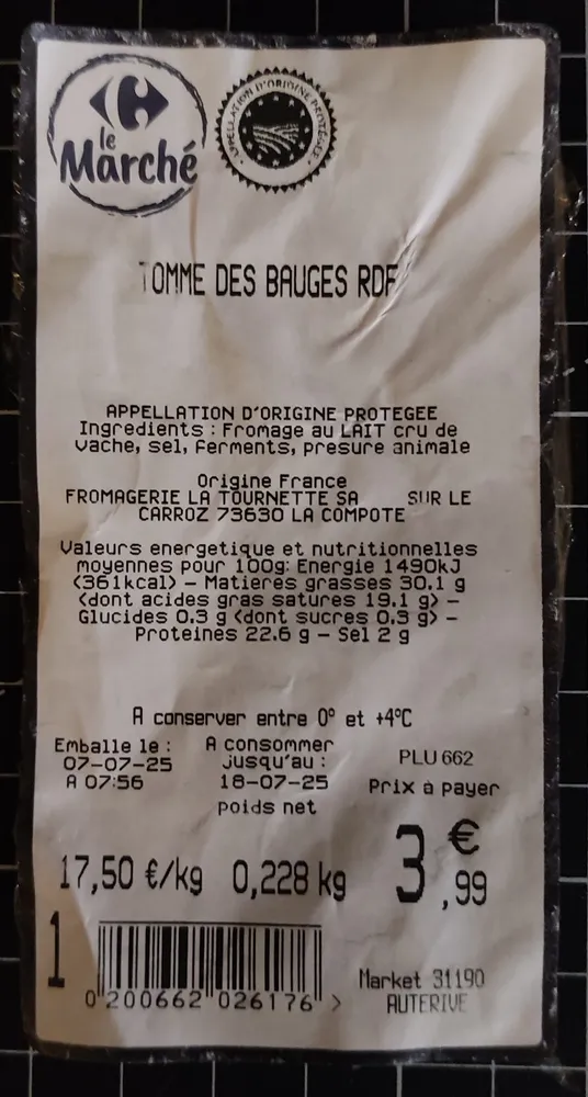 Tomme des bauges RDF