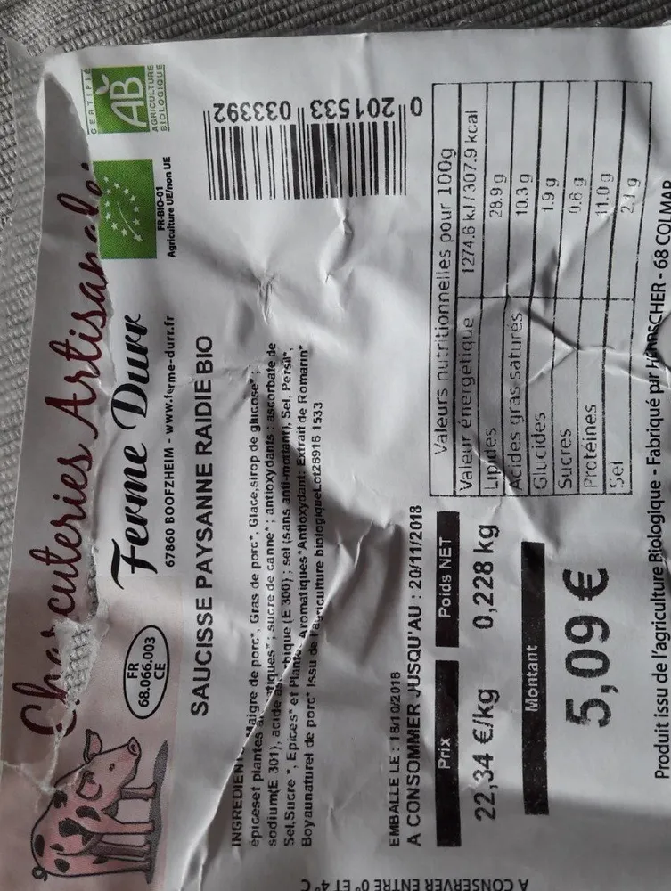 Saucisse paysanne raidie bio