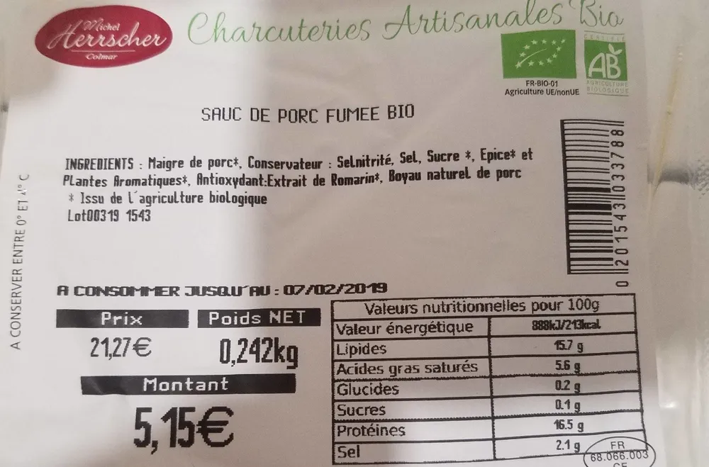 Saucisse de porc fumée bio
