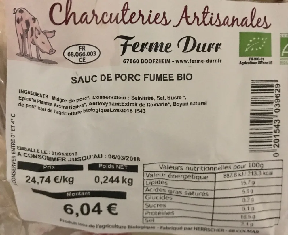 Saucisse de porc fumée bio