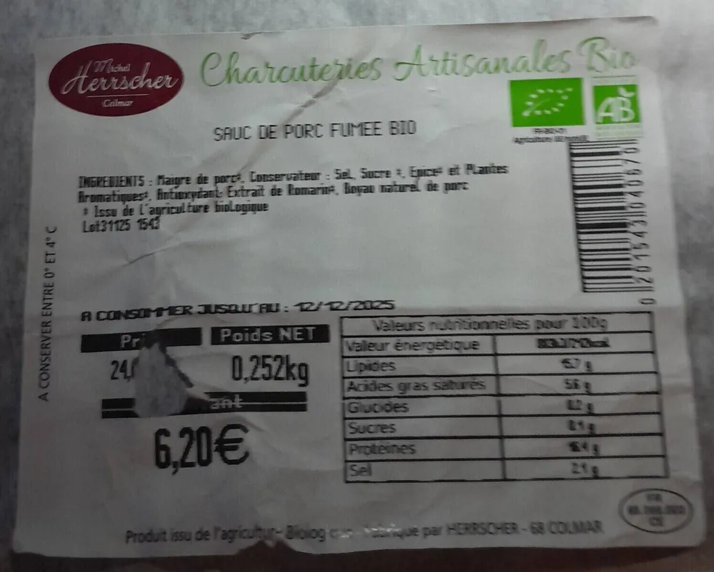 Saucisses de porc fumée Bio