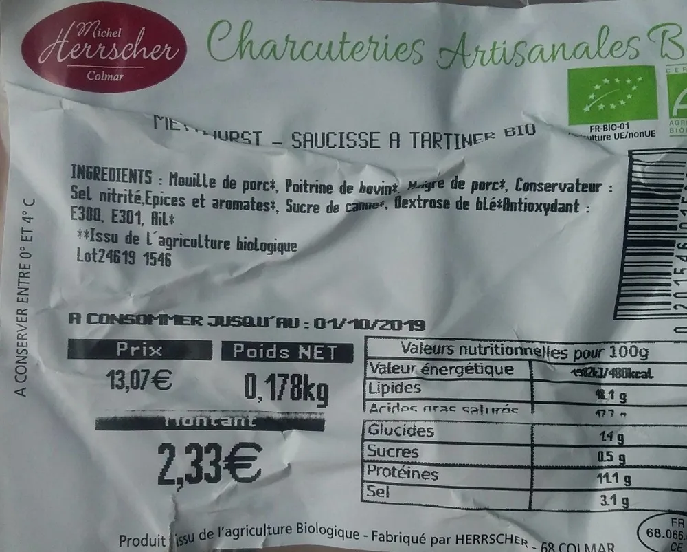Saucisse à tartiner bio