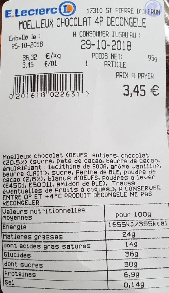 Moelleux chocolat 4p decongelé