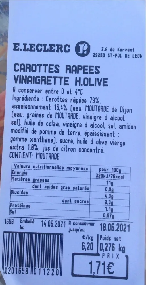 Carottes rapees vinaigrette huile d’olive