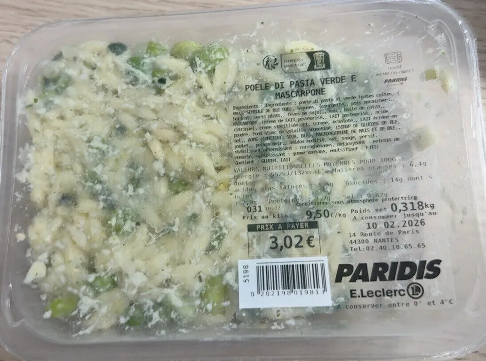 Poele di pasta verde e mascarpone leclerc paridis