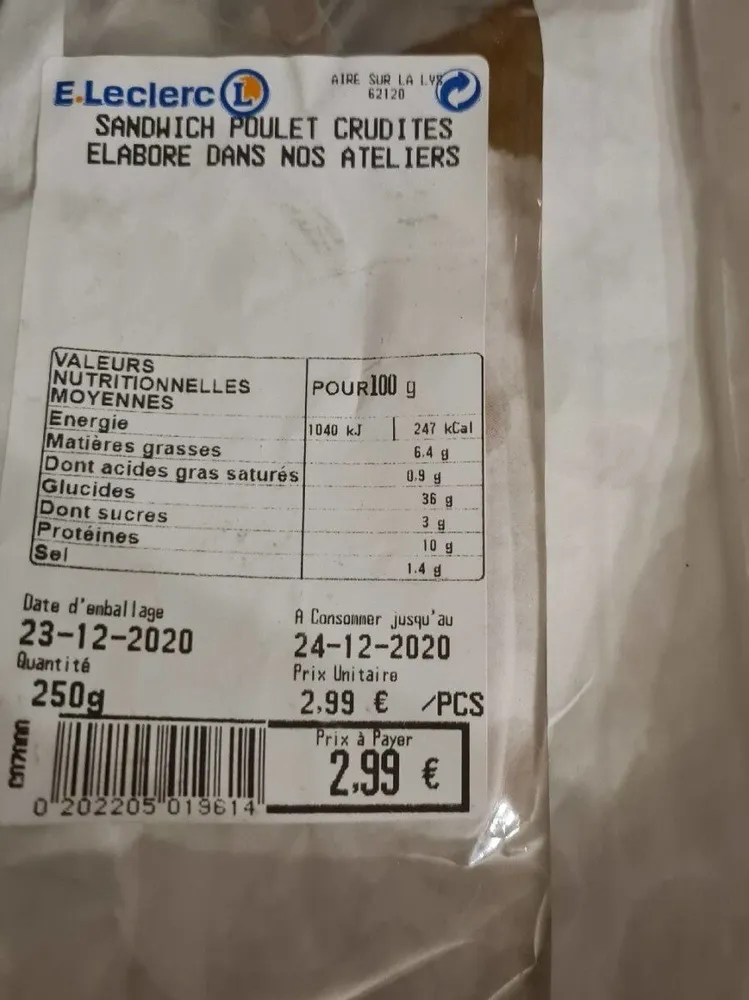 Sandwich poulet crudités