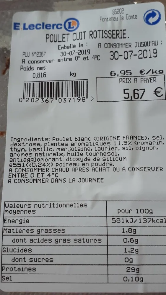 Poulet cuit rotisserie