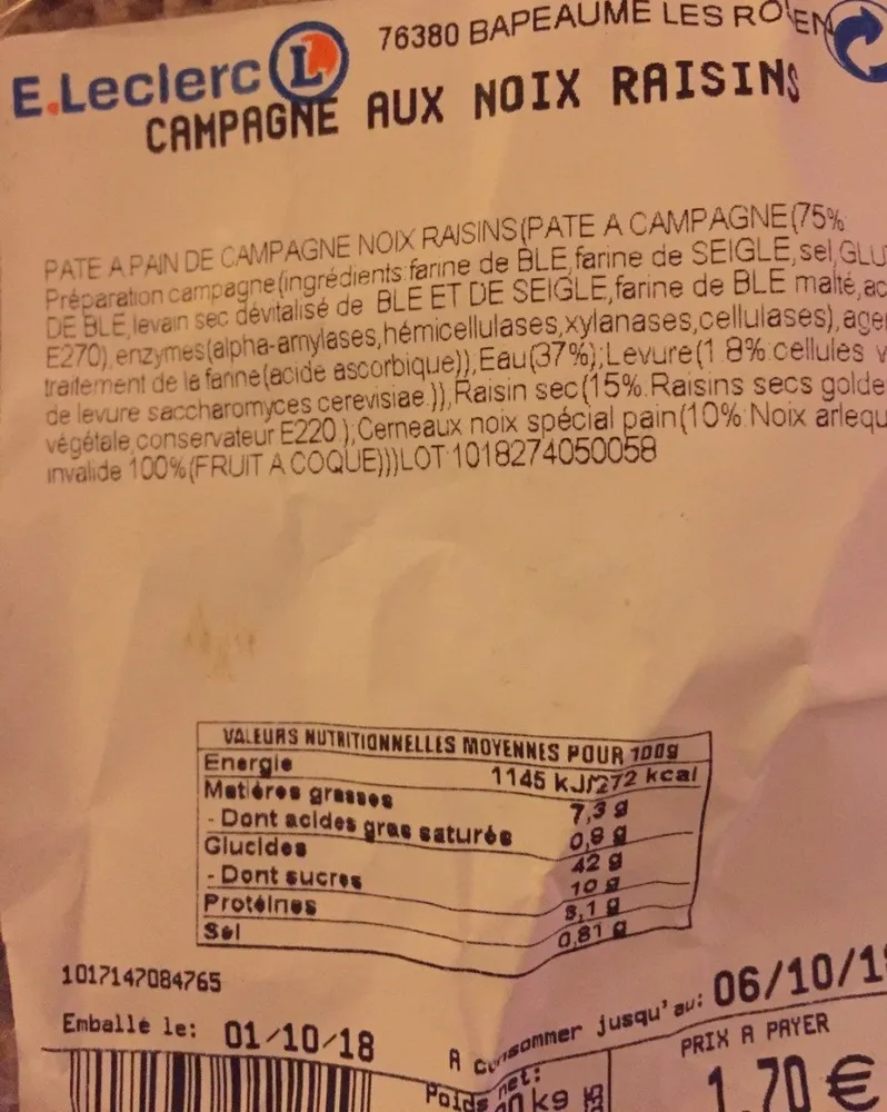 Pain campagne noix raisins