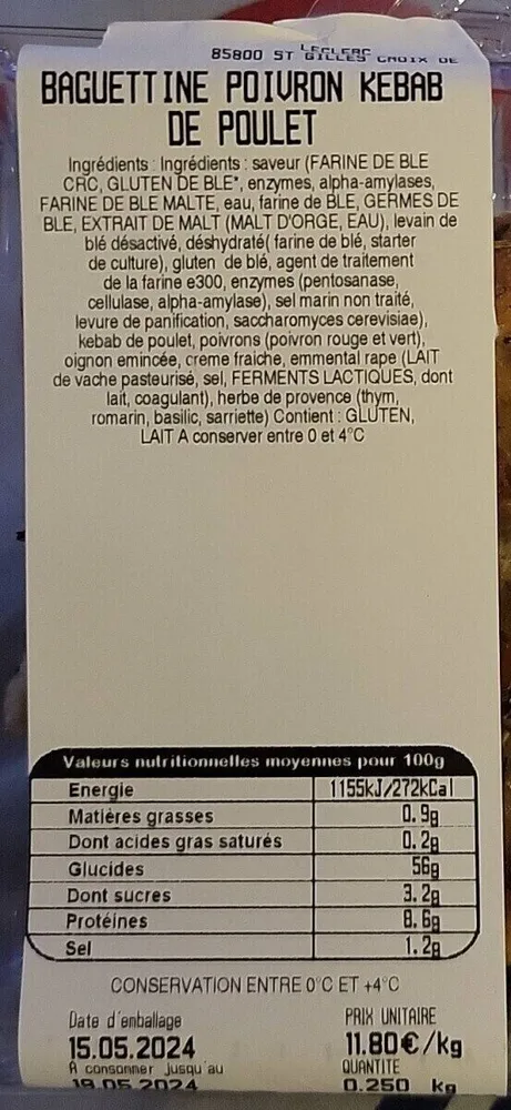 Baguette poivron kebab de poulet