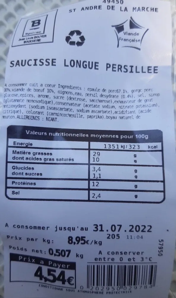 Saucisse longue persillée