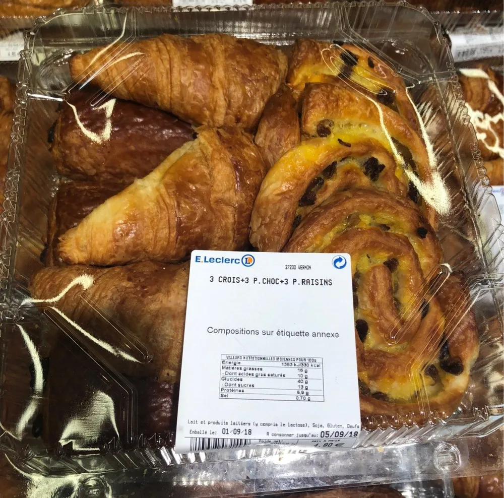 3 croissants + 3 pains chocolat + 3 pains raisin