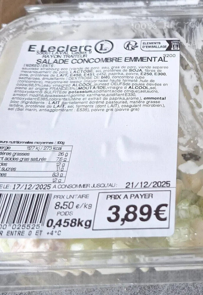 Salade concombre emmental