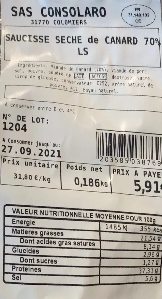 Saucisse seche de canard