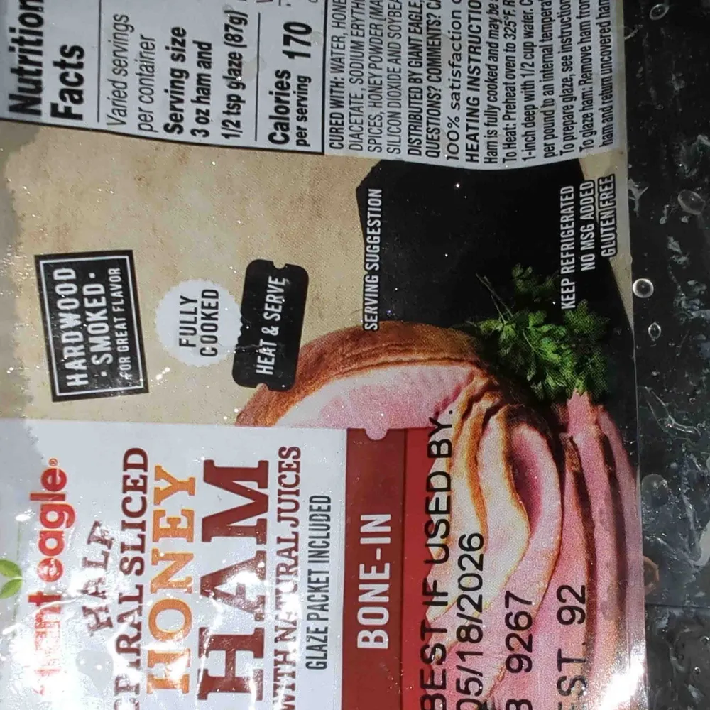 Half Spiral Sliced Honey Ham, 3 oz ham and 1/2 tsp glaze
