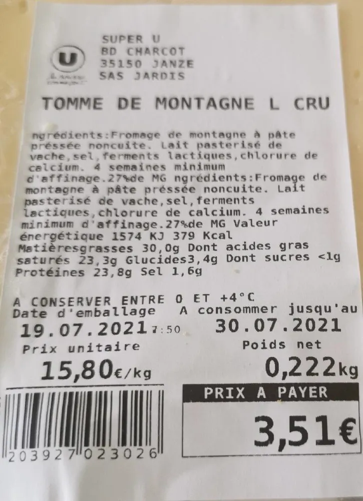 Tome de montagne au lait cru
