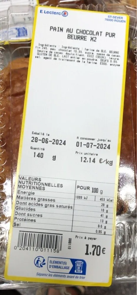 Pain chocolat pur beurre
