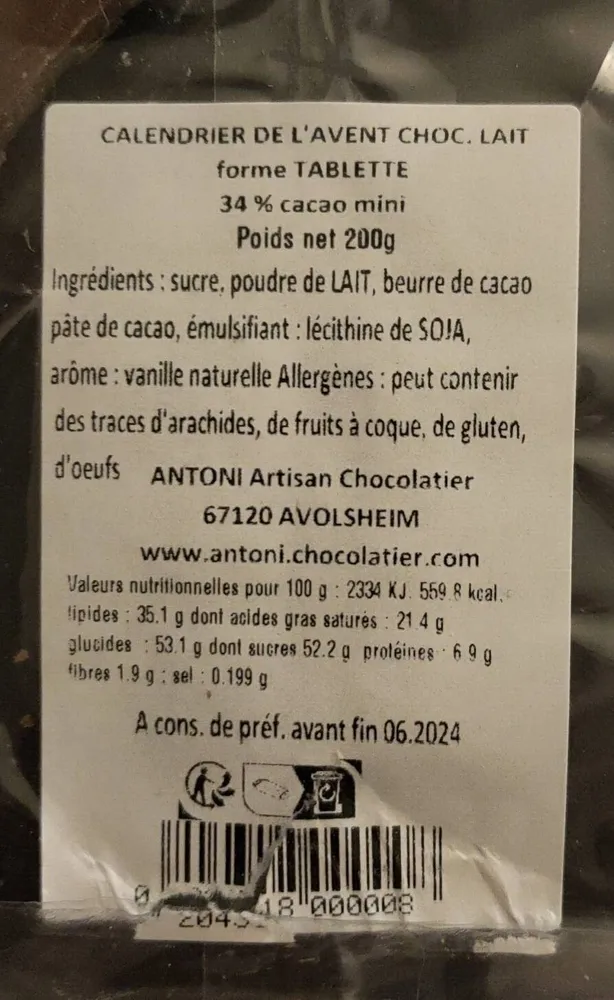 Calendrier de l'avent choc.lait forme tablette