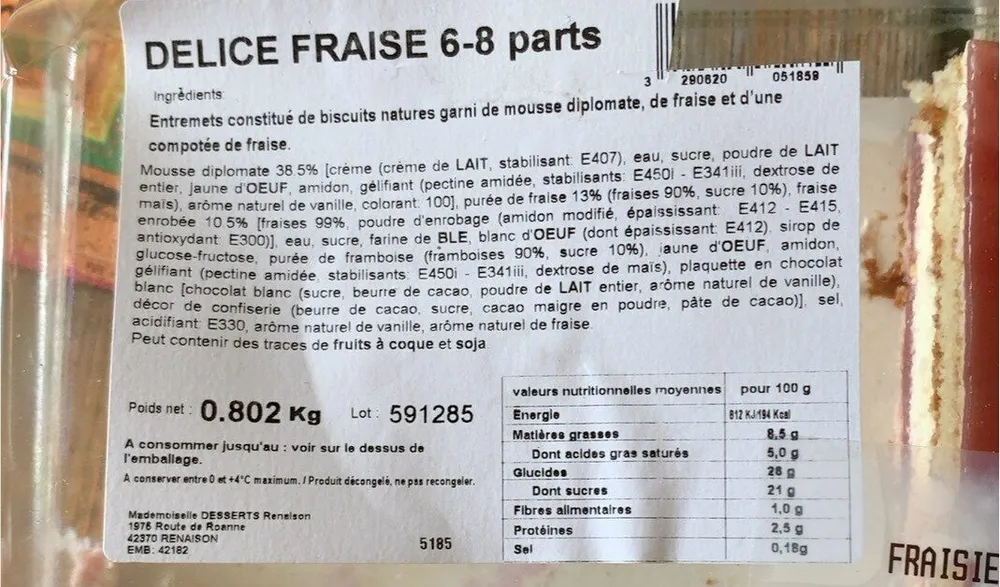 Fraisier 6/8 personnes décongelé