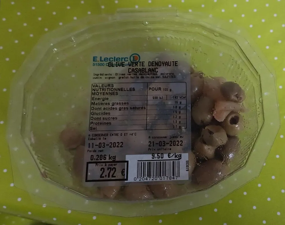 Olive verte dénoyauté casablanc