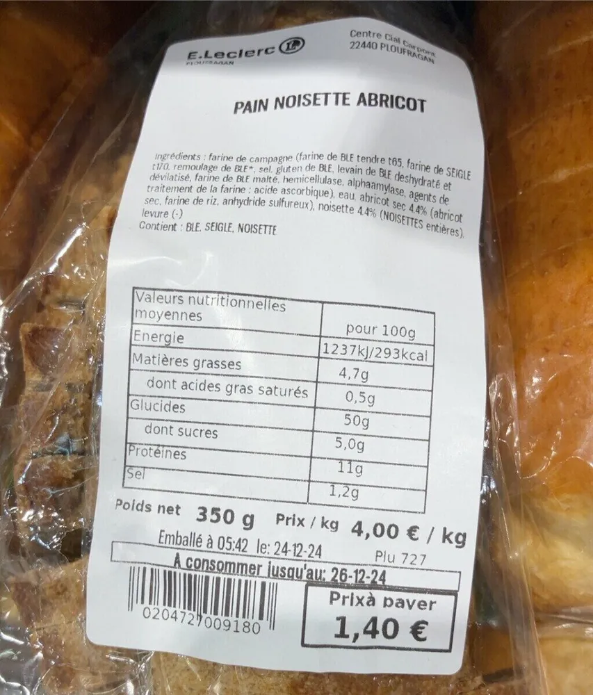 Pain noisette abricot