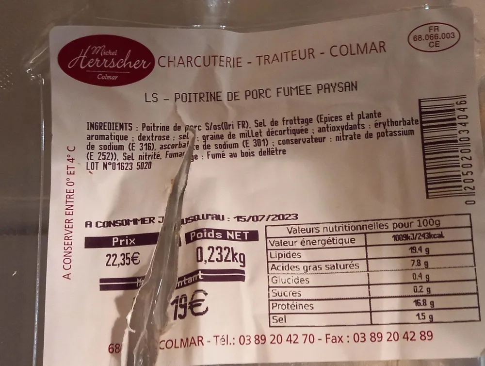 Poitrine de porc fumé paysan