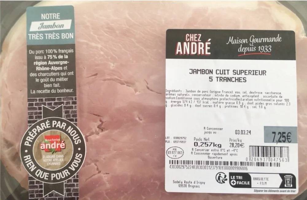 Jambon cuit supérieur 5 tranches