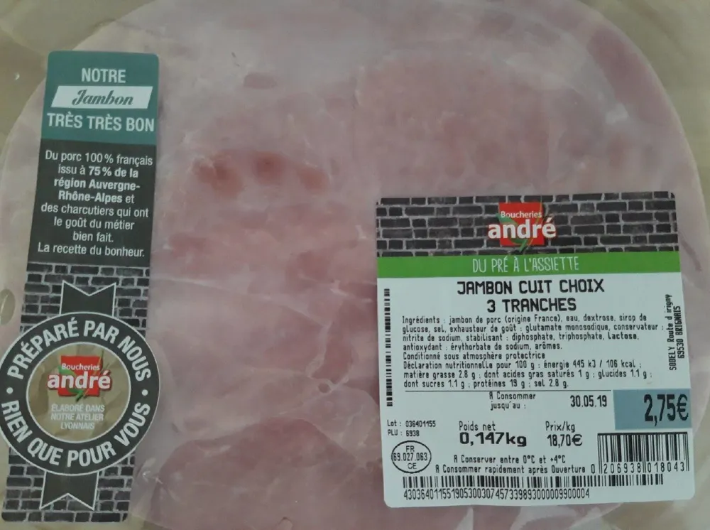 Jambon cuit choix 3 tranches