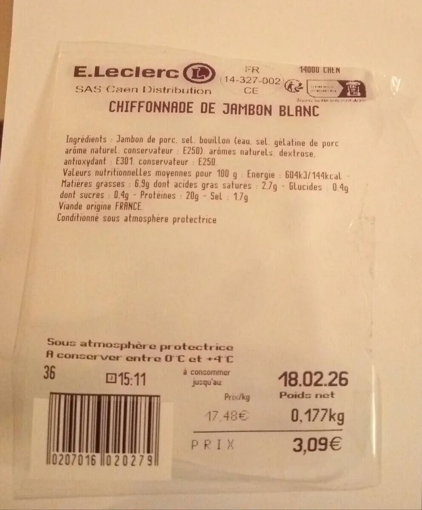 Chiffonnade de jambon blanc