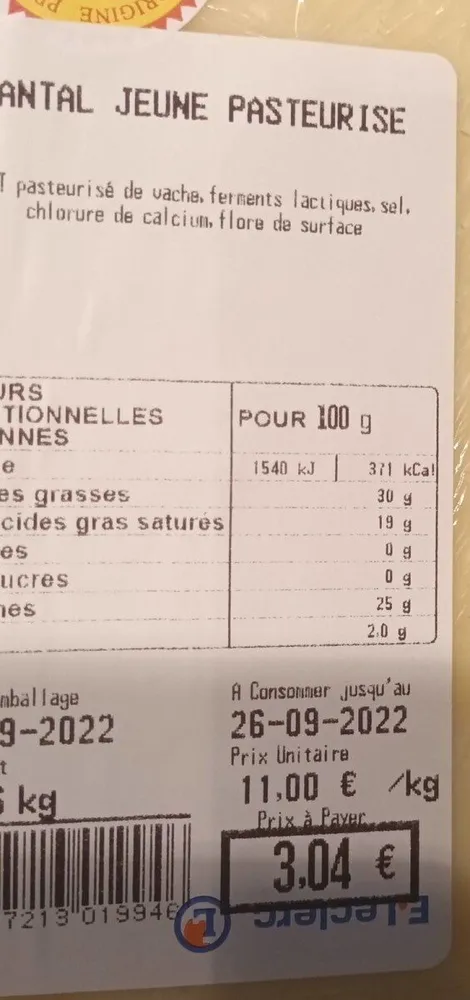 Cantal jeune pasteurisé