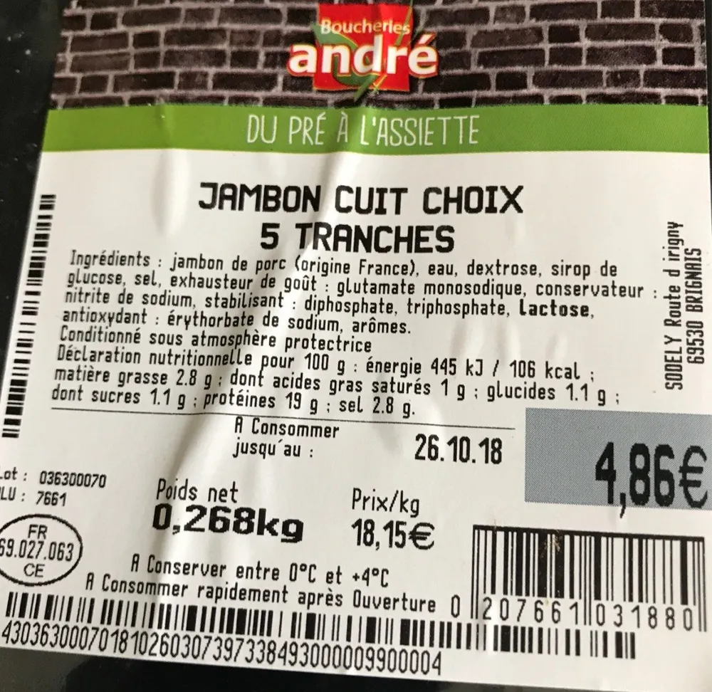 Jambon cuit choix 5 tranches