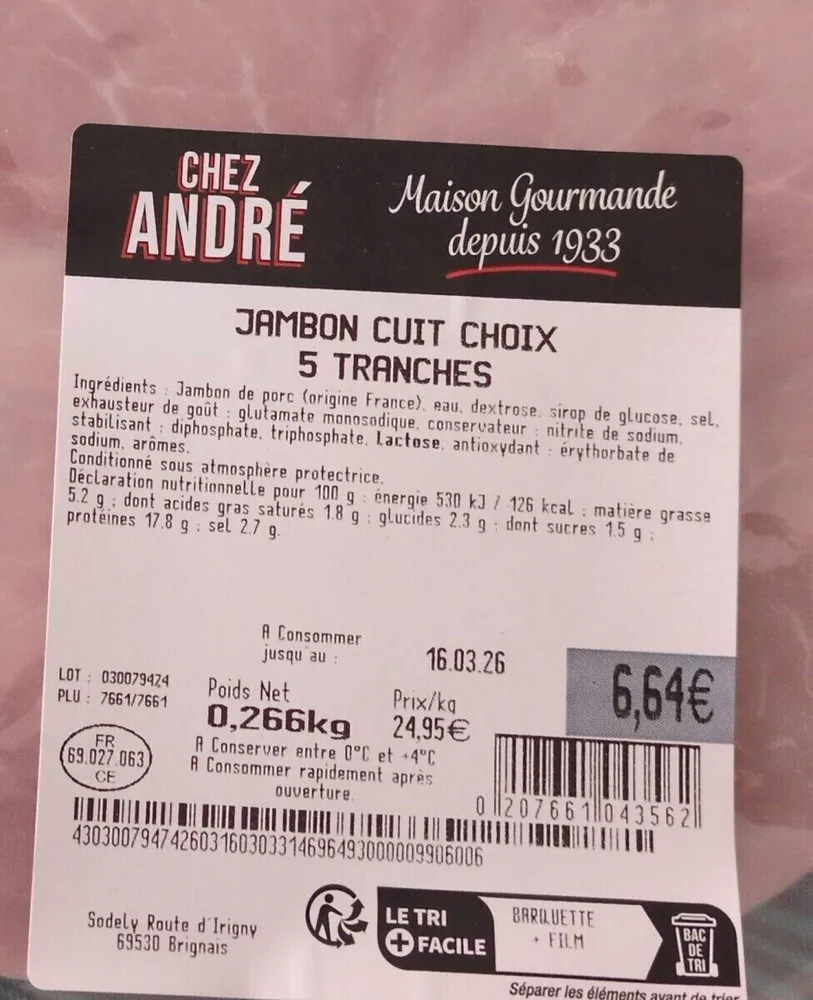 Jambon cuit choix 5 tranches