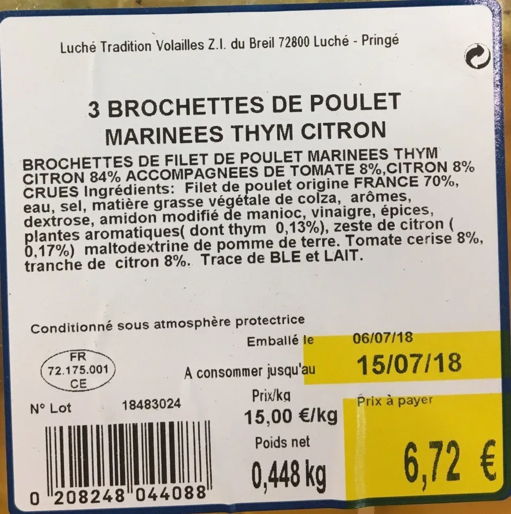 Brochettes de poulet Thym Citron