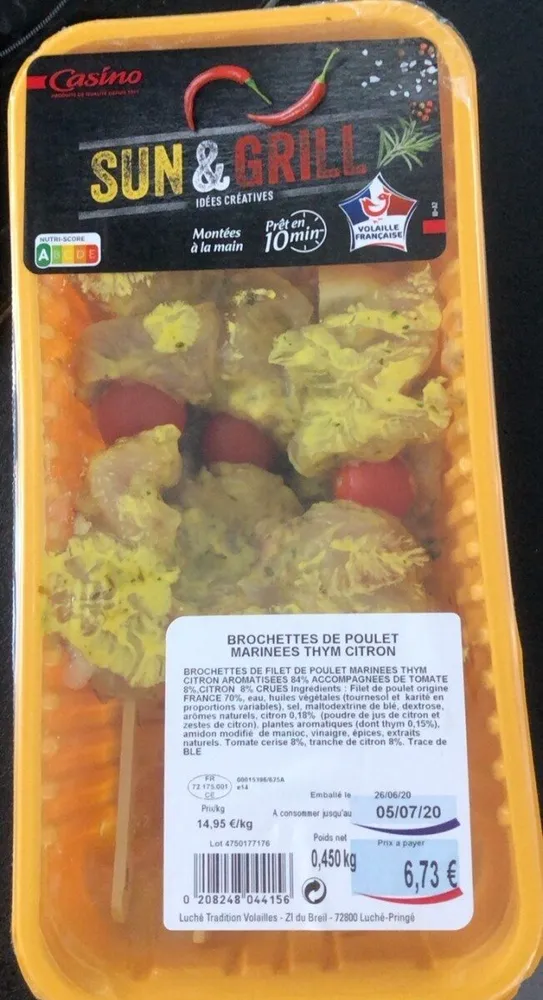 Brochettes de poulet marinées thym citron