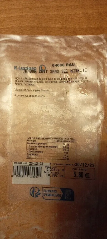 Jambon cuit sans sel nitrite