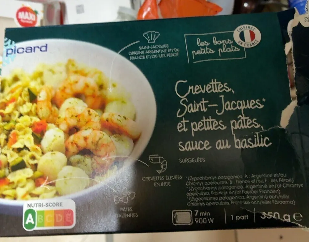 Crevettes st jacques et ptes saucée basilic picard