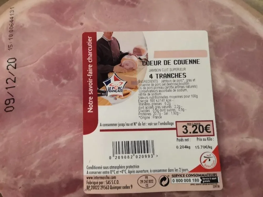 Jambon cuit supérieur cœur de couenne